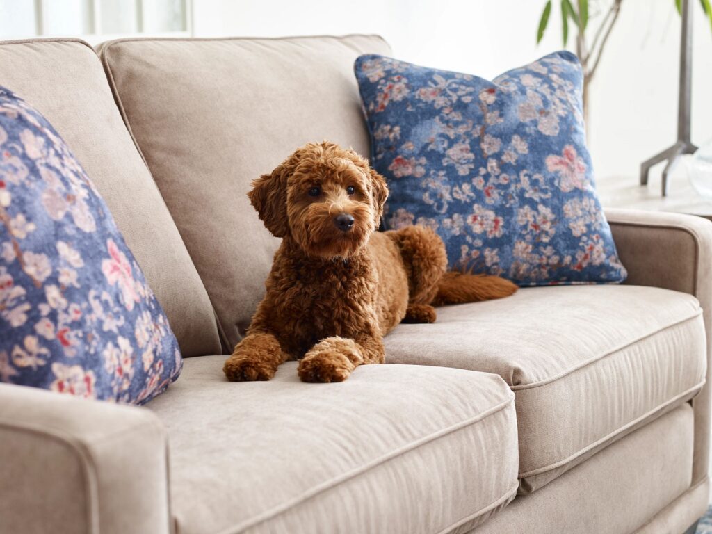 A dog on a light tan sofa