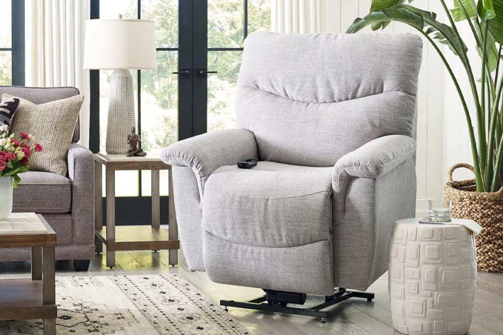 Light gray lift chair in a living room setting