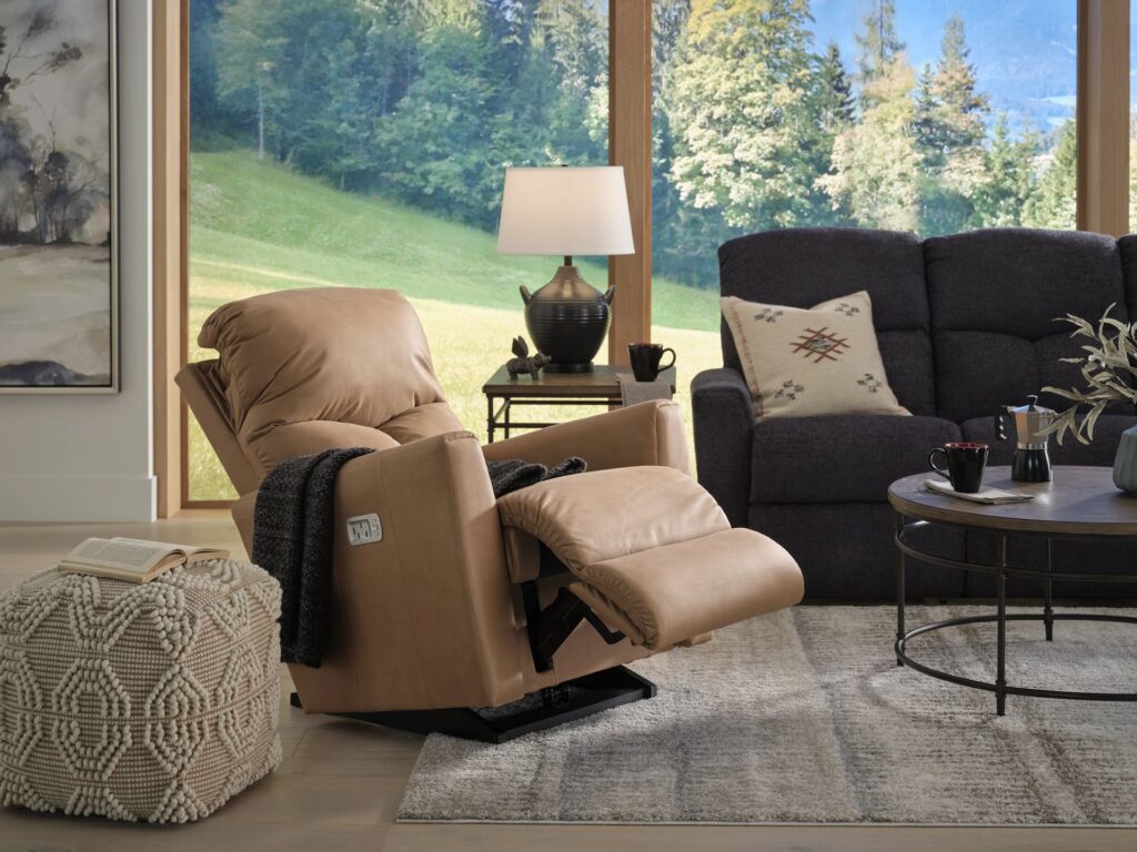 Light leather recliner in a living room setting