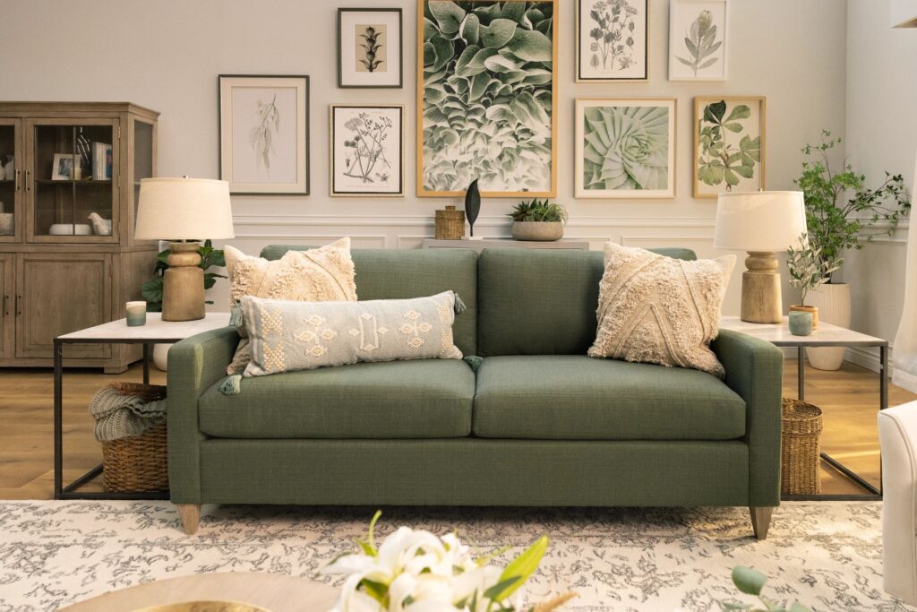 Green sofa with pillows and decor in a home